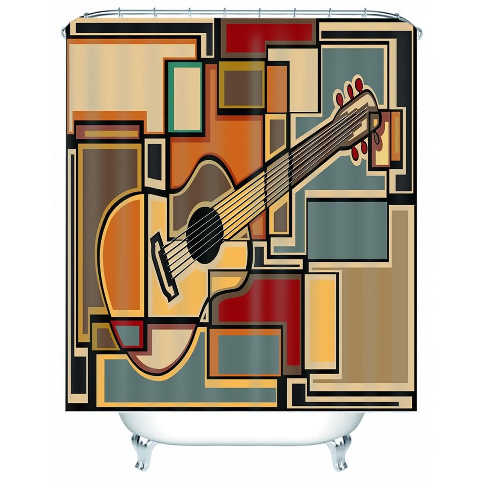 Rideau douche manga aux bords renforcés couture tissu doux marron motif guitare