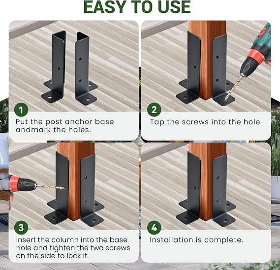 8 PCS Fence Post Brackets, Adjustable Fence Post Base with Screws Fit 1.5x1.5,2x2,2x4,4x4 Post, Black Thick Fence Post for Decking, Fencing, Pergola, Railing, Mailbox Mount, Patio Covers (8 PCS)