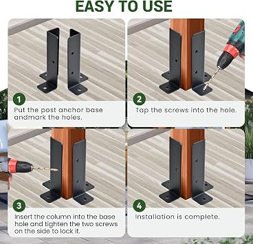 8 PCS Fence Post Brackets, Adjustable Fence Post Base with Screws Fit 1.5x1.5,2x2,2x4,4x4 Post, Black Thick Fence Post for Decking, Fencing, Pergola, Railing, Mailbox Mount, Patio Covers (8 PCS)