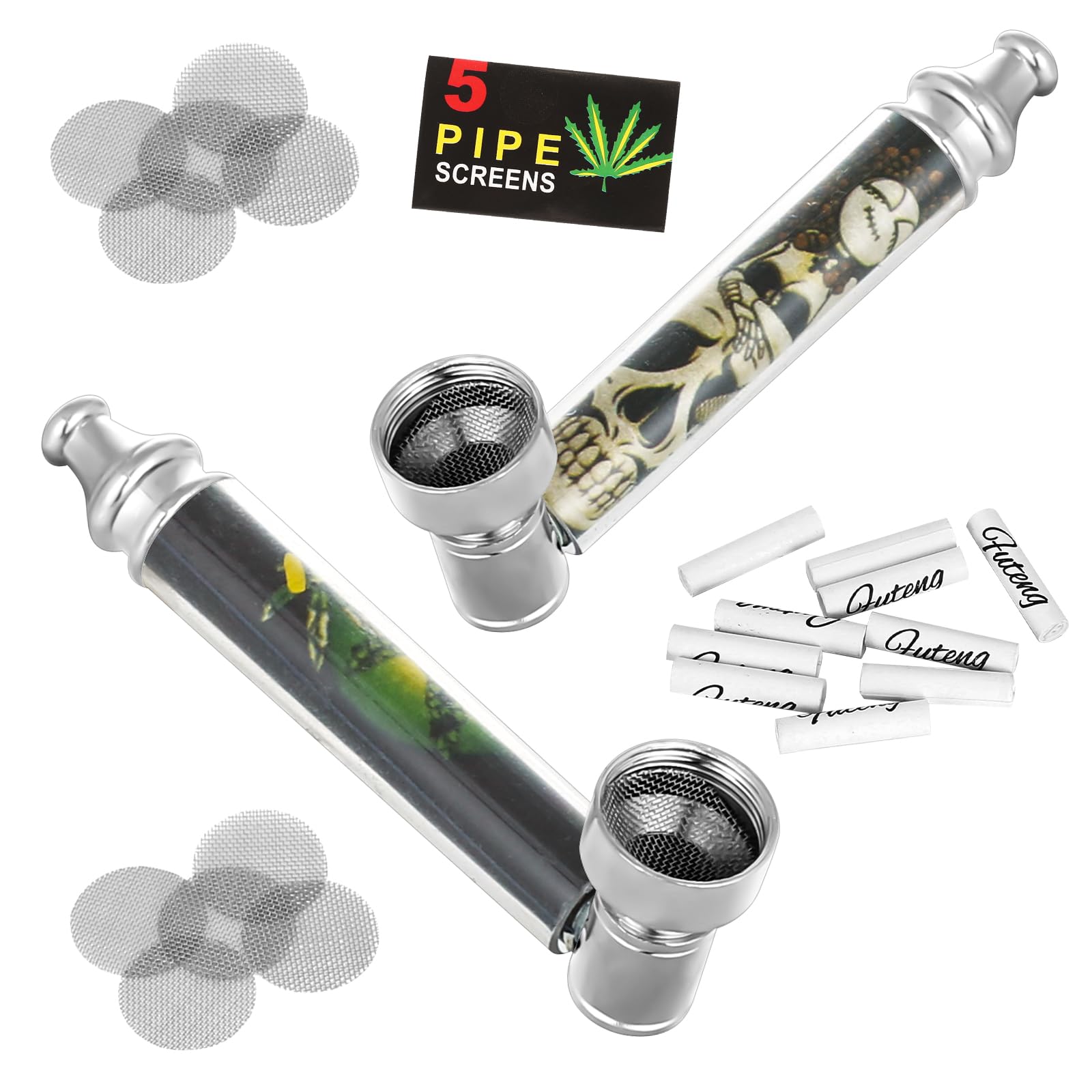 Zestaw 2 fajek z gwizdkiem, mini przenośny uchwyt na fajkę z 10 filtrami ze stali nierdzewnej i 10 filtrami z węglem aktywnym 6 mm, do palenia tytoniu (zestaw 3)