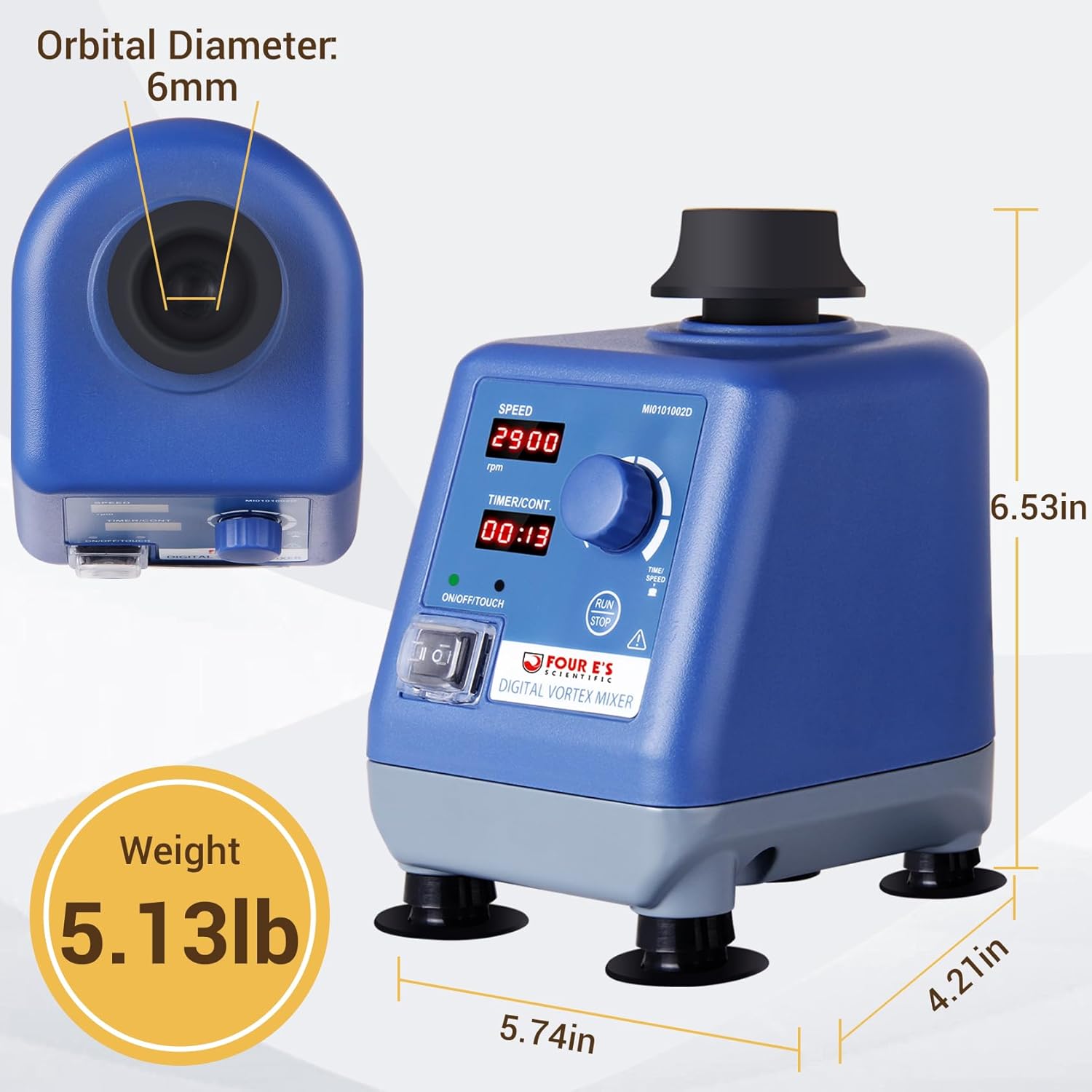 4E's USA LED Vortex Mixer Various Speed 400-3000rpm with Platform pad for ＜Φ99mm Tubes and Small Vessels, Lab Vortexer with Touch, Timer and Continuous Modes for Tubes, Nail Polish and Paints Ink