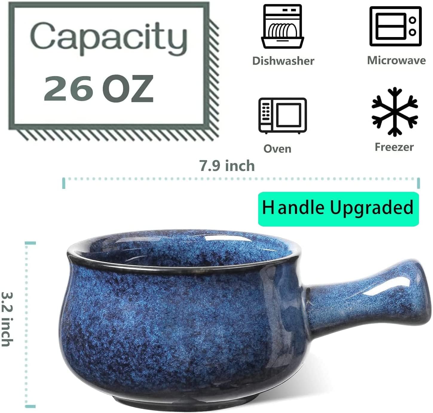 vicrays French Onion Soup Bowls With Handles, 26 Ounce for Soup, Chili, Beef Stew, Chip Resistant, Dishwasher Microwave Safe, Set of 4 (Blue) - Image 2