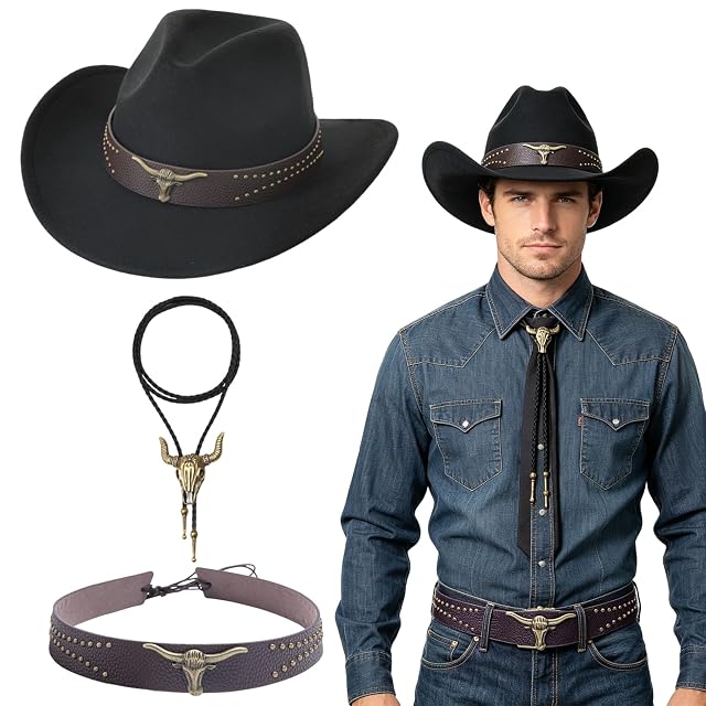 GVMJHYK Sombrero Vaquero Completo con Collar de Calavera de Toro y Banda