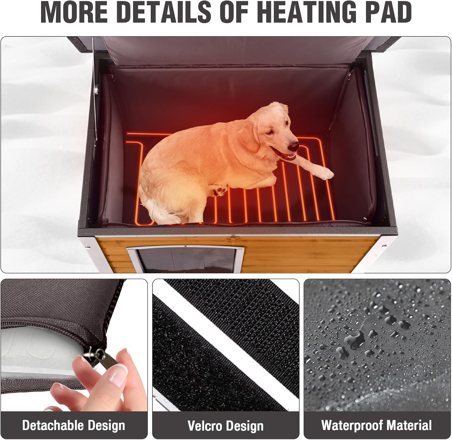 33.3’’ Heated Outdoor Dog House Weatherproof Insulated Dog Kennel with Metal Frame, Dog Shelter with Heating Pad, 6-Sided Insulated Liner and PVC Door Curtain for Winter (Brown)