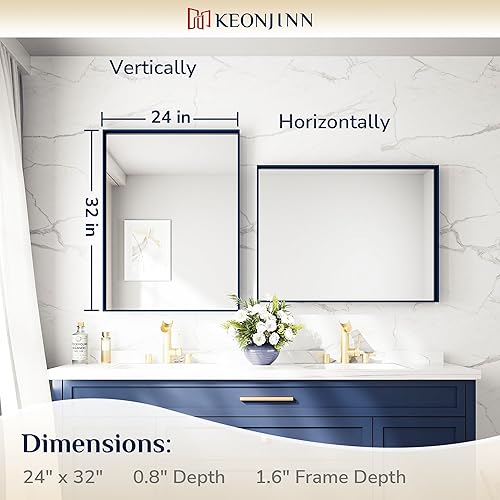 Miniatura 306 de Keonjinn Espejo de baño dorado de 48 x 36 pulgadas, espejo rectangular con marco de metal dorado cepillado, espejo de pared grande rectangular