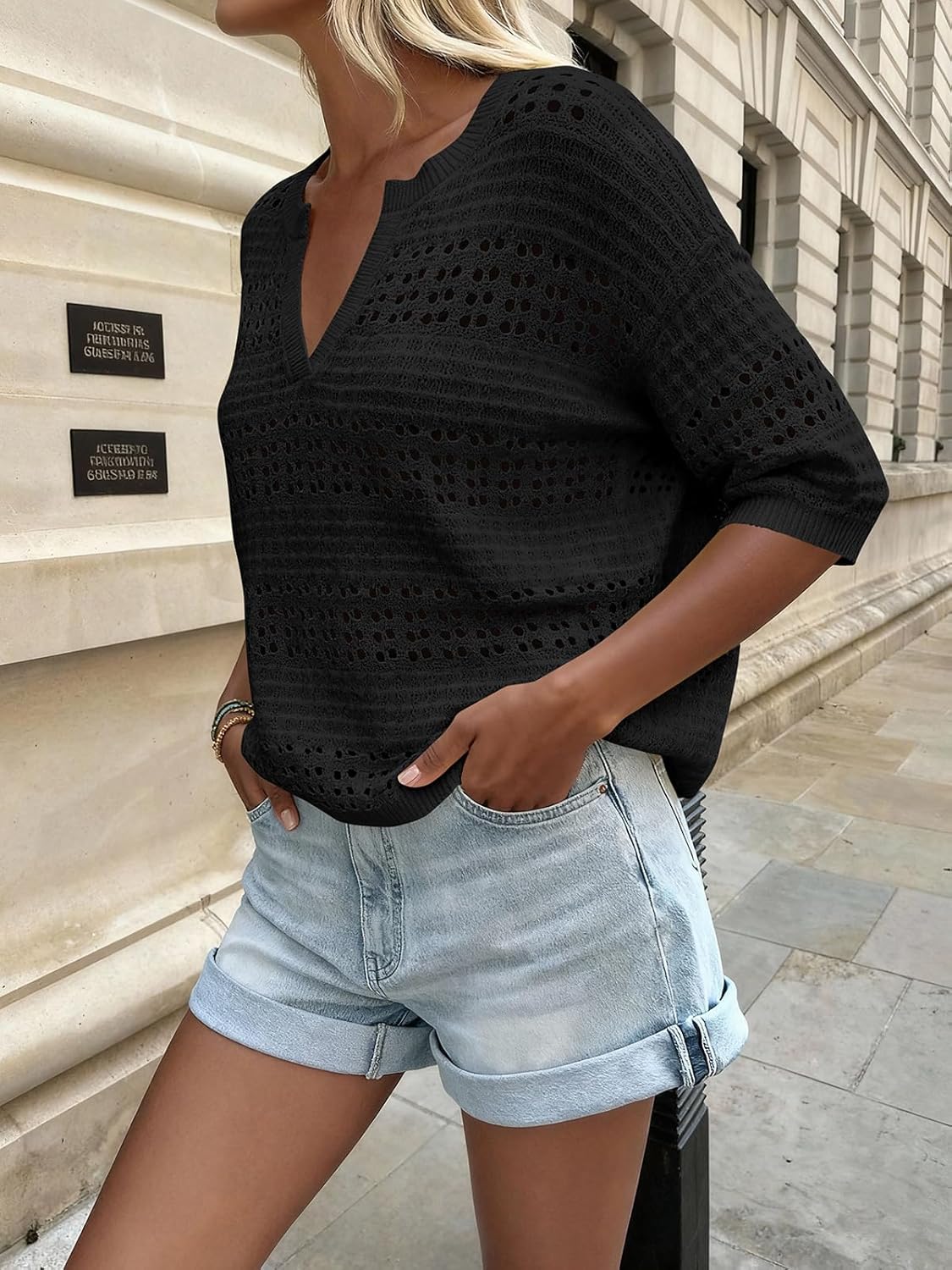 PRETTYGARDEN Womens Crochet Tops Casual Cotton Hollow Out Knit Short Sleeve Oversized Sweater for Women Summer Beach Cover Up - Image 5