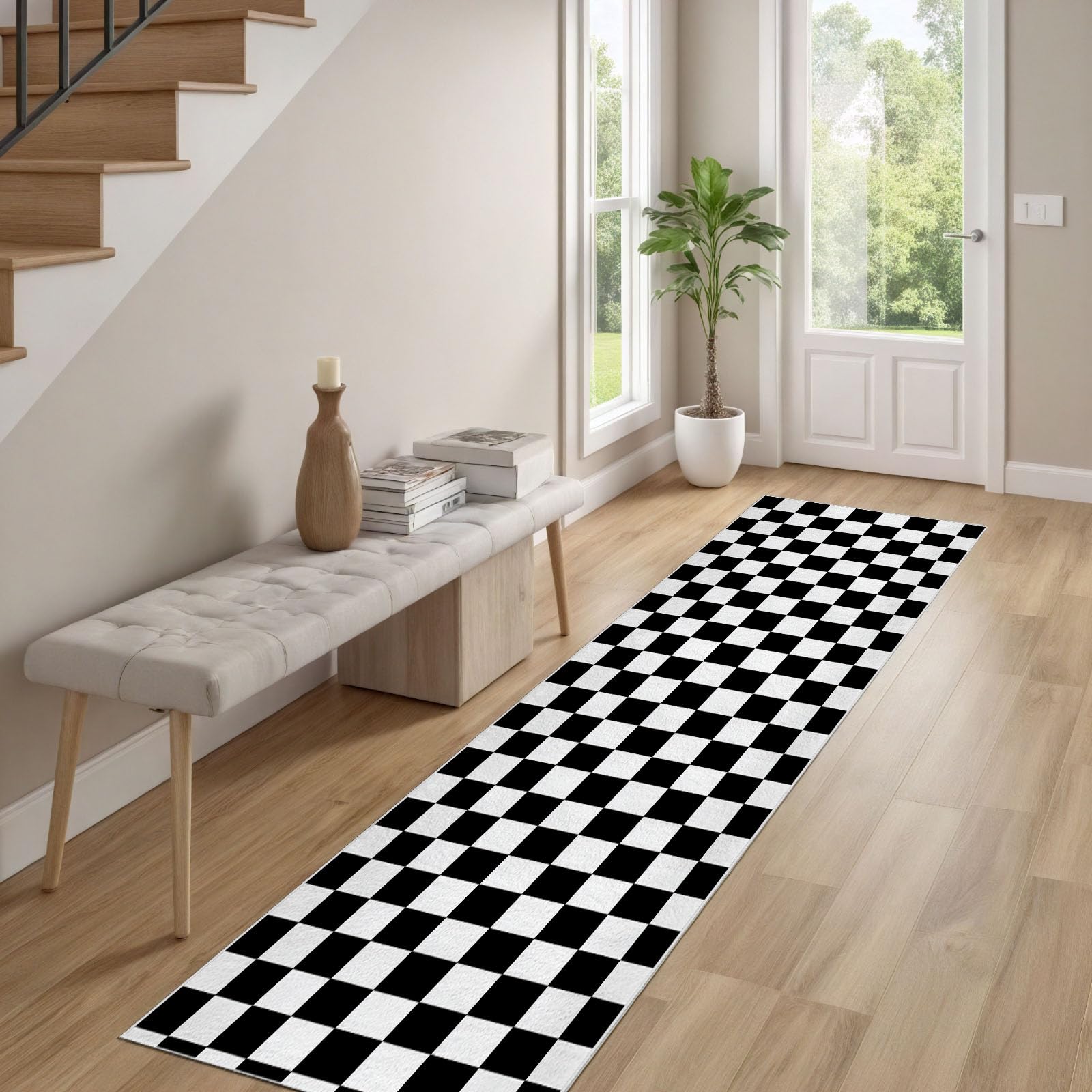 Damier Noir Blanc Tapis de Couloir 80x300cm Antidérapant Plaid Géométrique Tapis de Passage Lavable Doux Minimaliste Moderne Moquette Long Doux pour Chambre à Coucher Couloirs Salon Cuisine