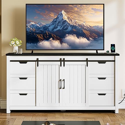 Miniatura 37 de YITAHOME Soporte de TV de granja para soporte de televisión de 65 pulgadas, centro de entretenimiento con armarios de almacenamiento y puertas Roble