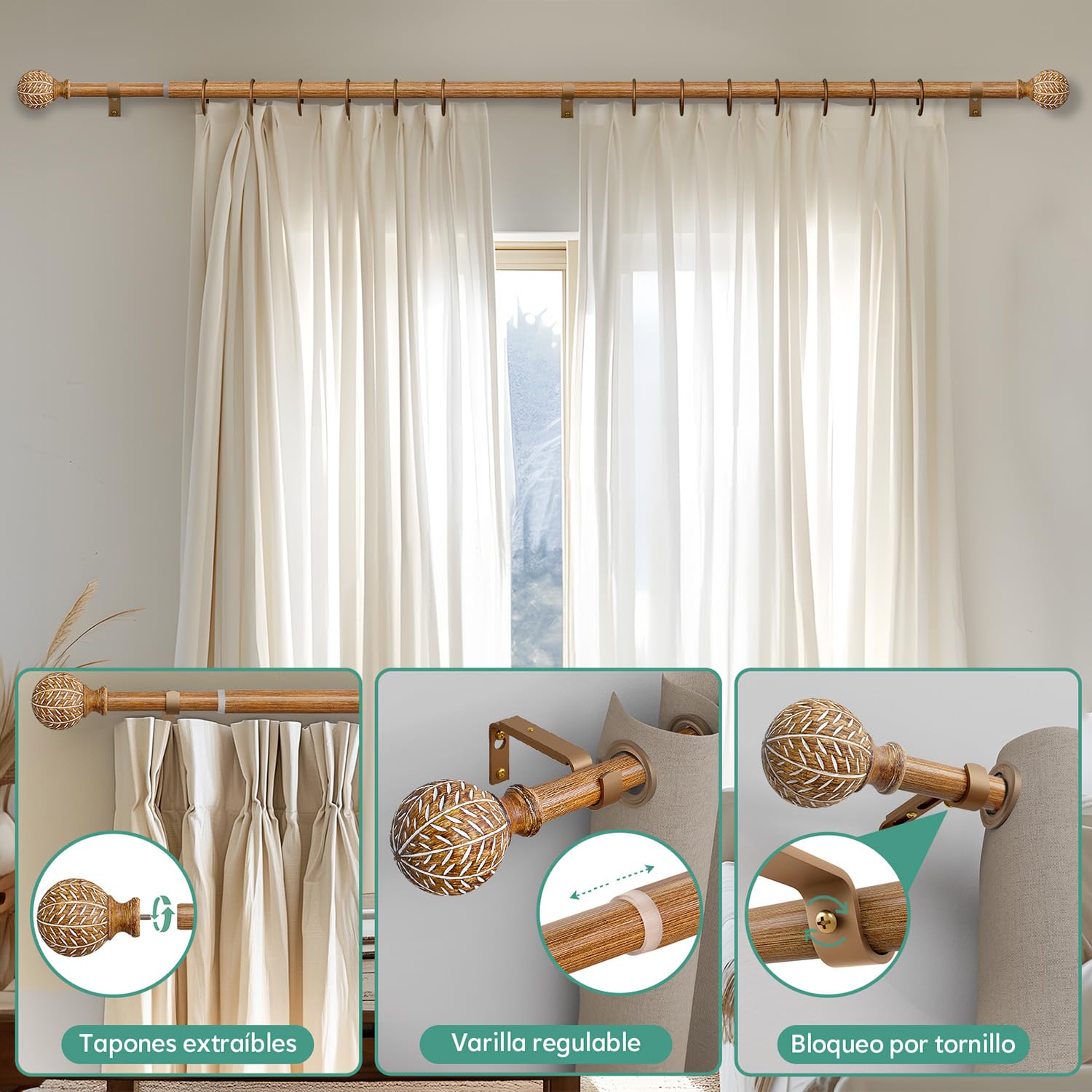 Bastone Tenda Effetto Legno 80-365 cm Estensibili Asta Metallica Diametro 25 mm Montaggio A Parete Con Staffe Di Fissaggio Alta Portanza Per Interni Finestre Salotto Camera Da Letto E Balcone