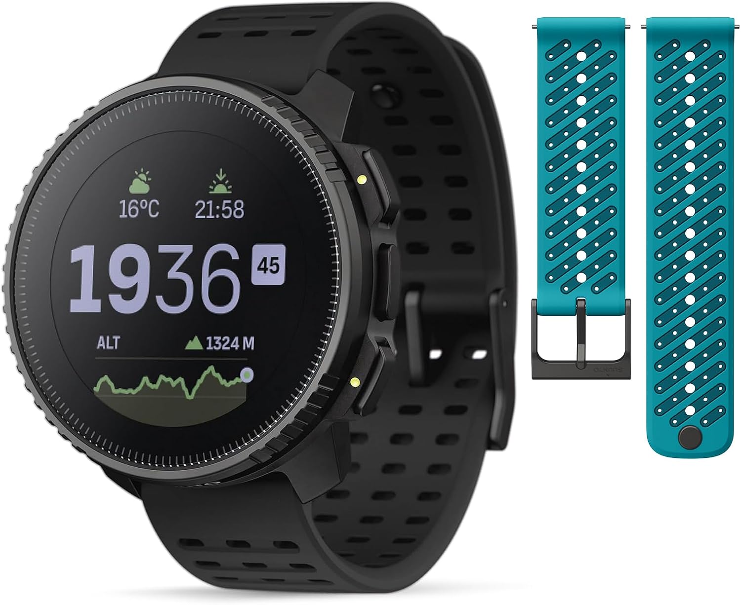 SUUNTO Vertical Adventure GPS Watch w/Offline Maps Steel Black & SUUNTO 22 ATH8 Silicone Strap Wave Blue S+M