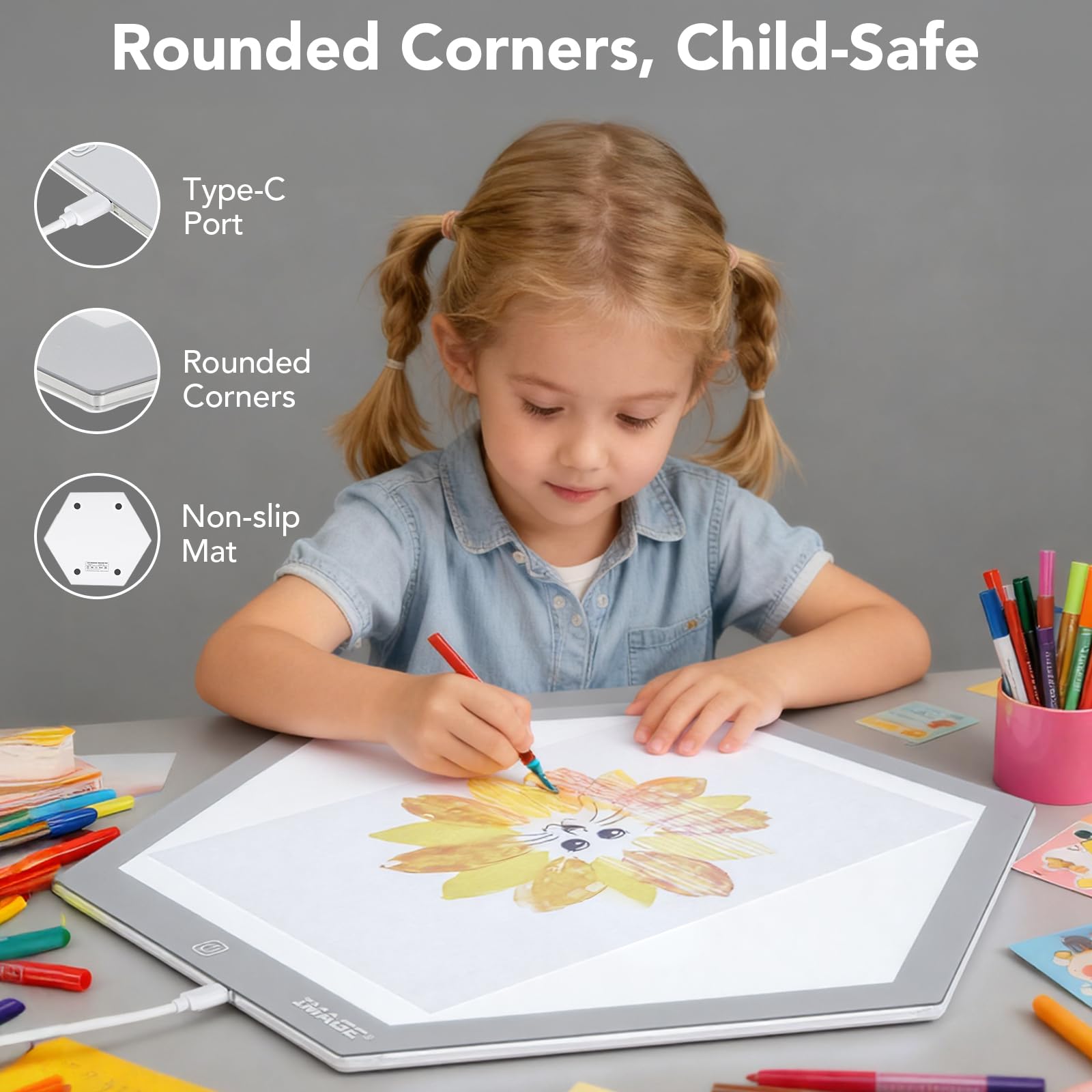 IMAGE 17,2*14,9 Zoll Sechseck-LED-Lichtkasten zum Nachzeichnen, 3 Helligkeitsstufen, idealer Leuchttisch für Zeichnen, Skizzieren, Animation, Nachzeichnen lernen für Kinder (Baustein nicht enthalten)