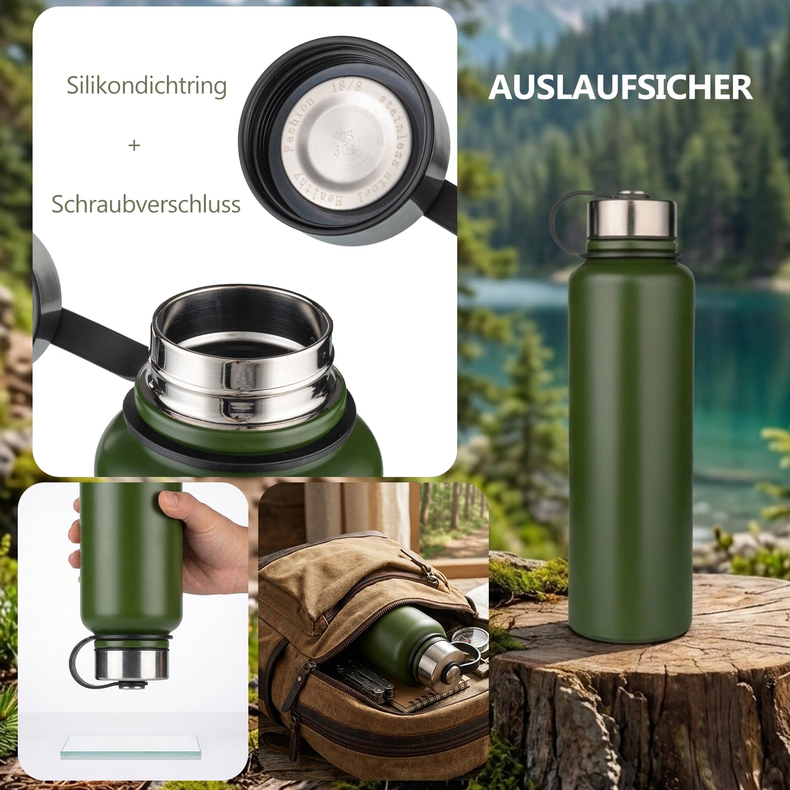 YYW - Botella térmica de acero inoxidable de 1,5 litros, aislada al vacío, termo, a prueba de fugas, deportiva, doble pared, termo para deporte, Unisex adulto, verde, 1.5 L ( 13x3.5 Zoll )