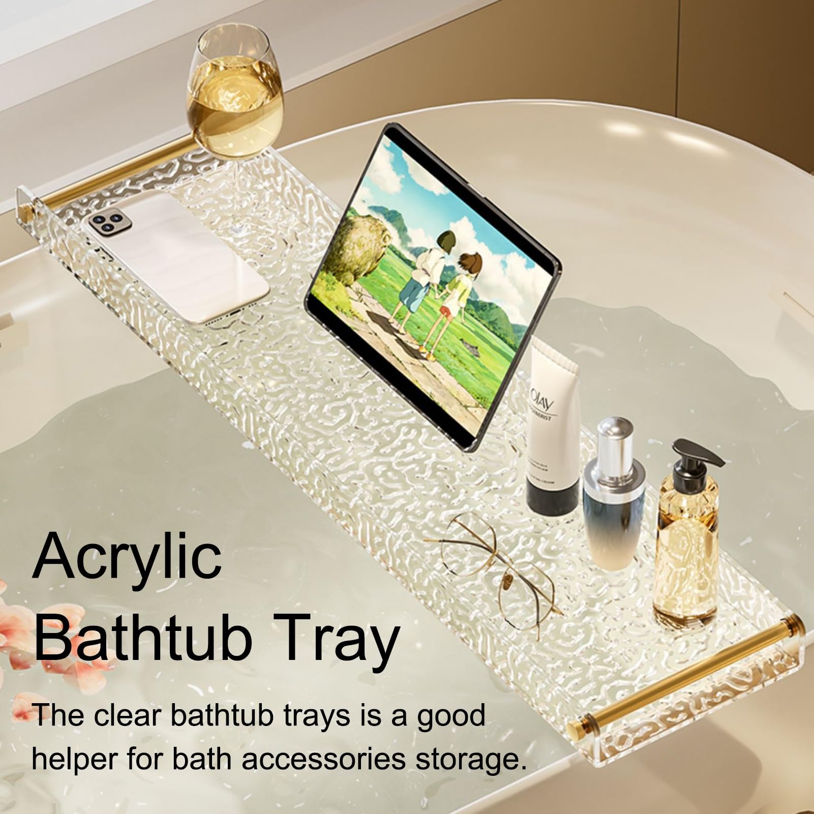 Bandejas para bañera,(es:Bandejas para bañera Transparentes con asa Dorada, bandejas para Ducha con Efecto Corrugado, Bandeja de acrílico, Soporte de Almacenamiento para bañera de 70/80/90
