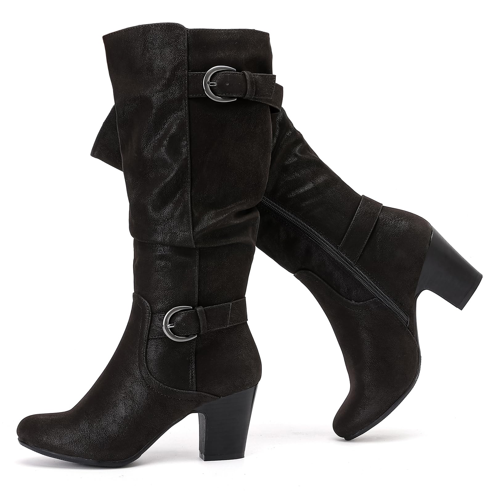Ruiee Women's Slouchy Knee High Boots – Pointed Toe, Chunky Heel, Side Zipper, Comfortable For Fall & Winter (Black, Size 9.5)