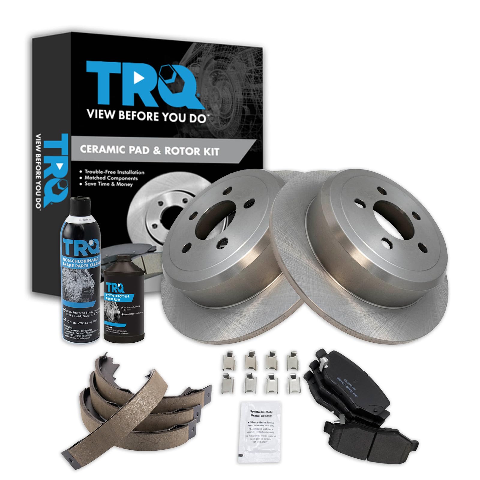 TRQ Rear Brake Pad &amp; Rotor Kit, with Chemical Kit Parking Brake Shoe Set Ceramic Compatible with 2007-2011 Dodge Nitro 2008-2012 Jeep Liberty