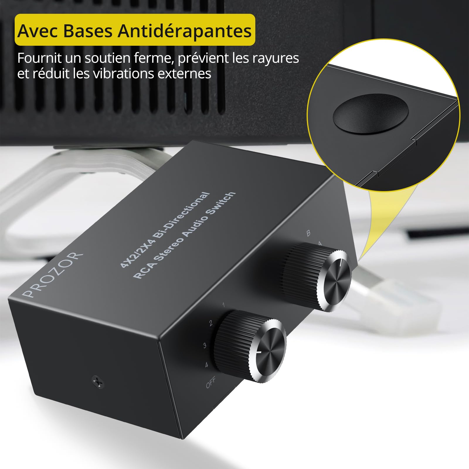 PROZOR Commutateur Audio Bidirectionnel 4x2/2x4 - sans Alimentation & Bouton Off - Boîtier Métallique avec Connecteurs Dorés pour Systèmes Audio