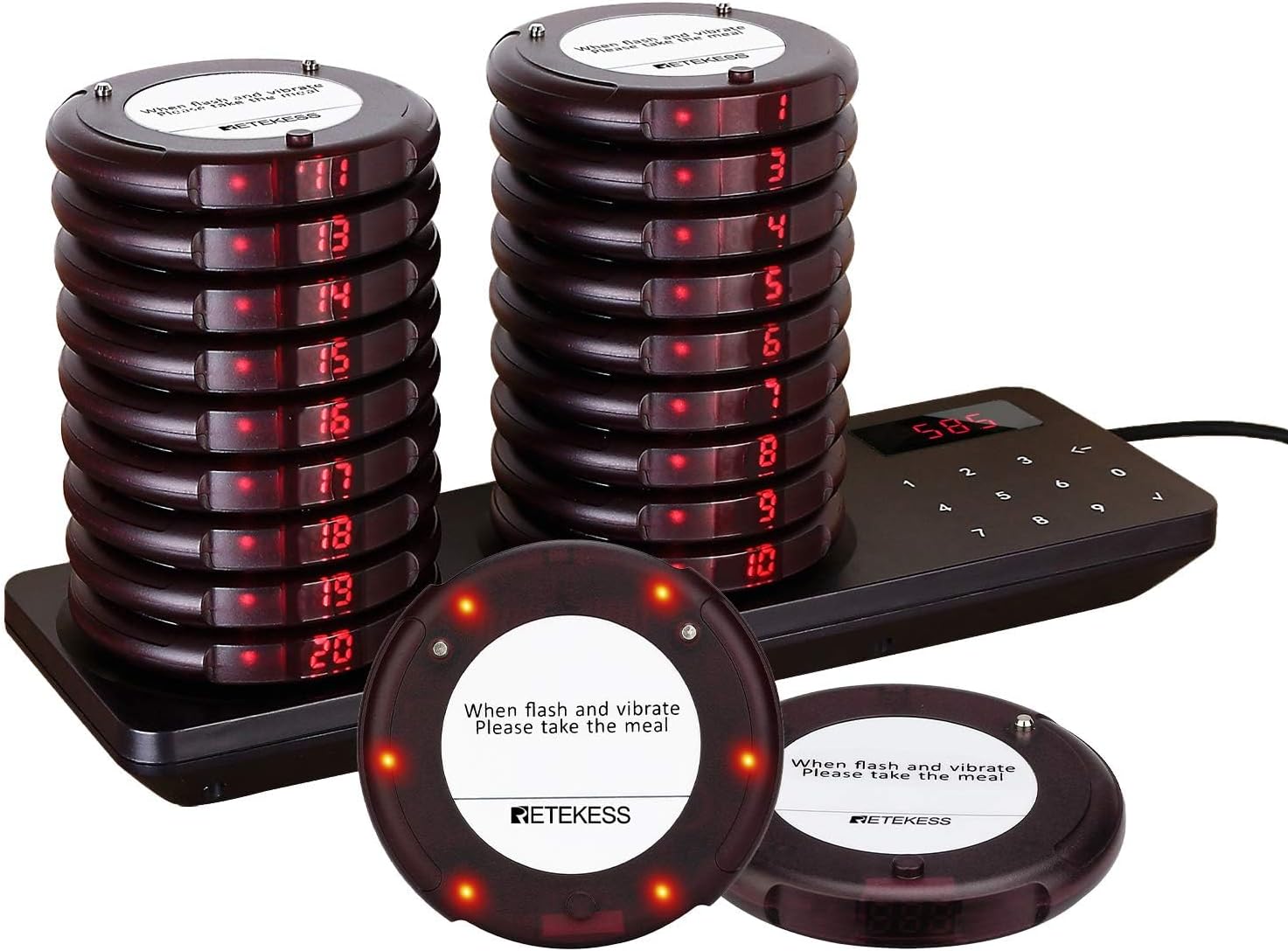 TD163 Coaster Pager System, Pagers for Restaurants Long Range,31 Prompt Modes, 20 Beepers for Food Truck, Church Nursery