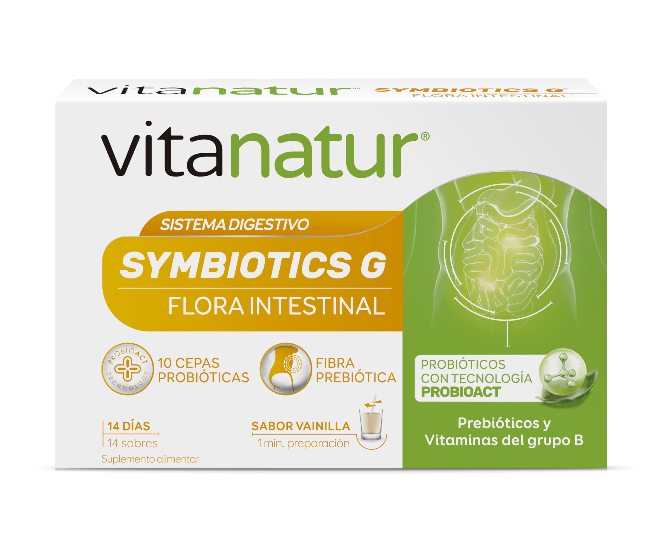 Vitanatur - Symbiotics G (1), Complemento Alimenticio con 10 Cepas Probióticas, Prebióticos y Vitamina B, Ingredientes que ayudan con el Equilibrio de la Microbiota Intestinal (1) - 14 Sobres x 2,​5 g