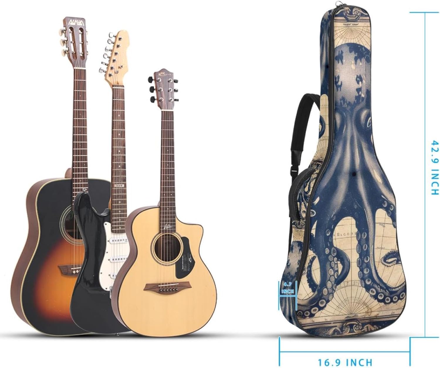 Acoustic Guitar Gig Bag 1 cm Thick Padding, Waterproof Electric Guitar Bag 40-42 Inch Guitar Case Backpack with Dual Shoulder Strap, Funny Ocean Octopus Anchor Vintage Coastal Map