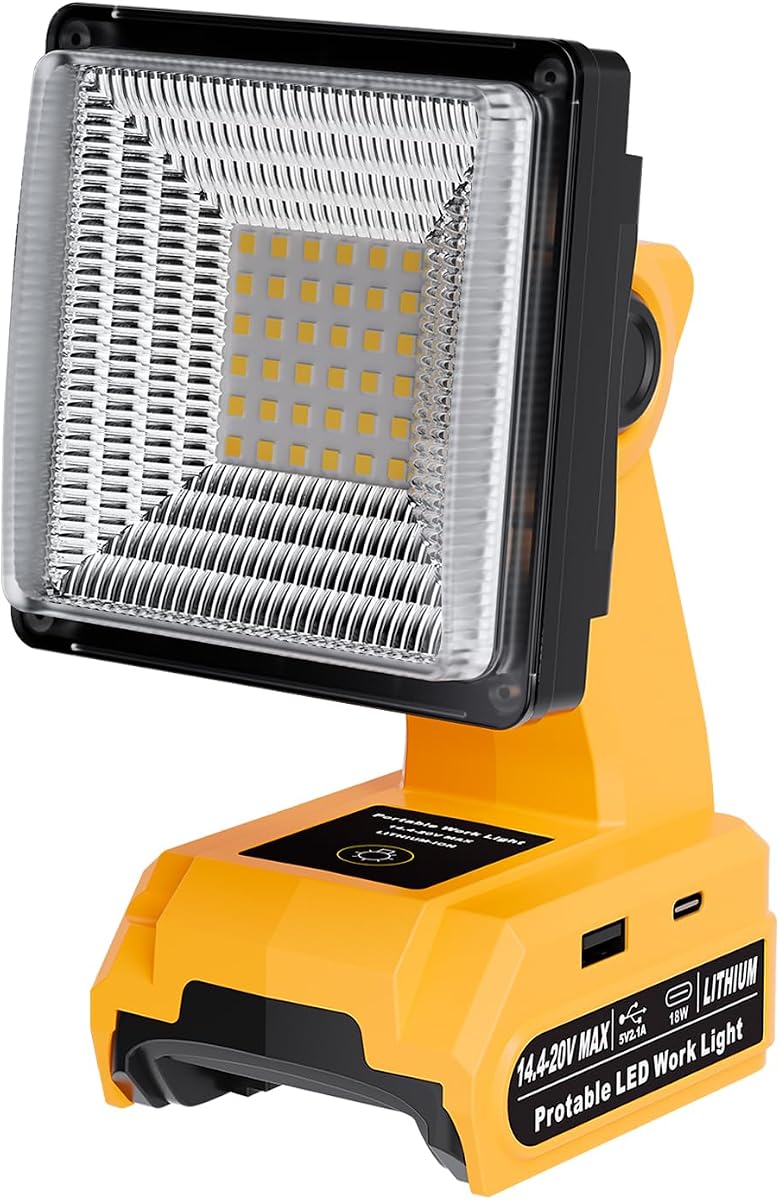DTEZTECH Luz de trabajo LED para batería Dewalt de 20 V máx., luz de trabajo inalámbrica portátil de 25 W 1500 lm con cabezal pivotante de 90°, puertos de carga USB-A y USB-C para lugar de trabajo, taller, camping y emergencia (solo herramienta)