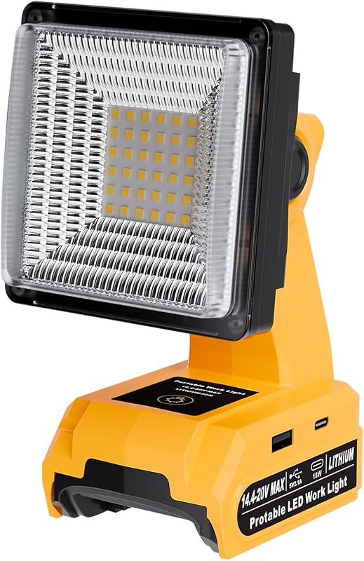 DTEZTECH Luz de trabajo LED para batería Dewalt de 20 V máx., luz de trabajo inalámbrica portátil de 25 W 1500 lm con cabezal pivotante de 90°, puertos de carga USB-A y USB-C para lugar de trabajo, taller, camping y emergencia (solo herramienta)