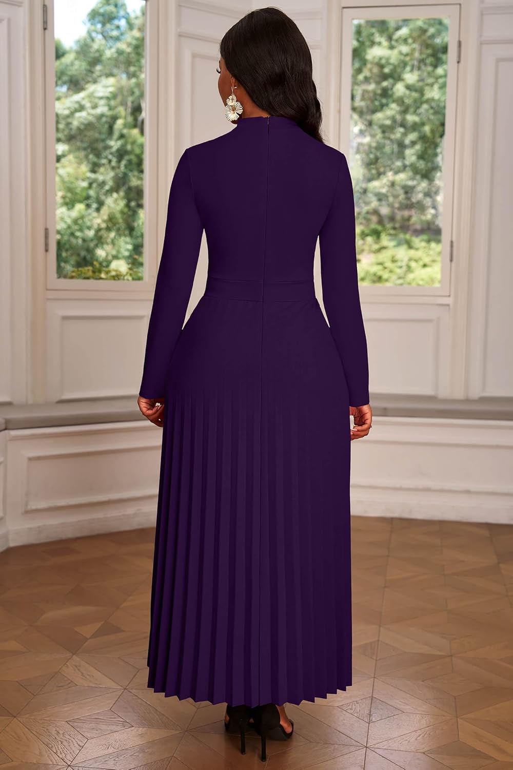 Nmoder Maxi Long Dress for Women, Casual Pleated Empire Waist Dresses Crewneck Long Sleeve - Image 5