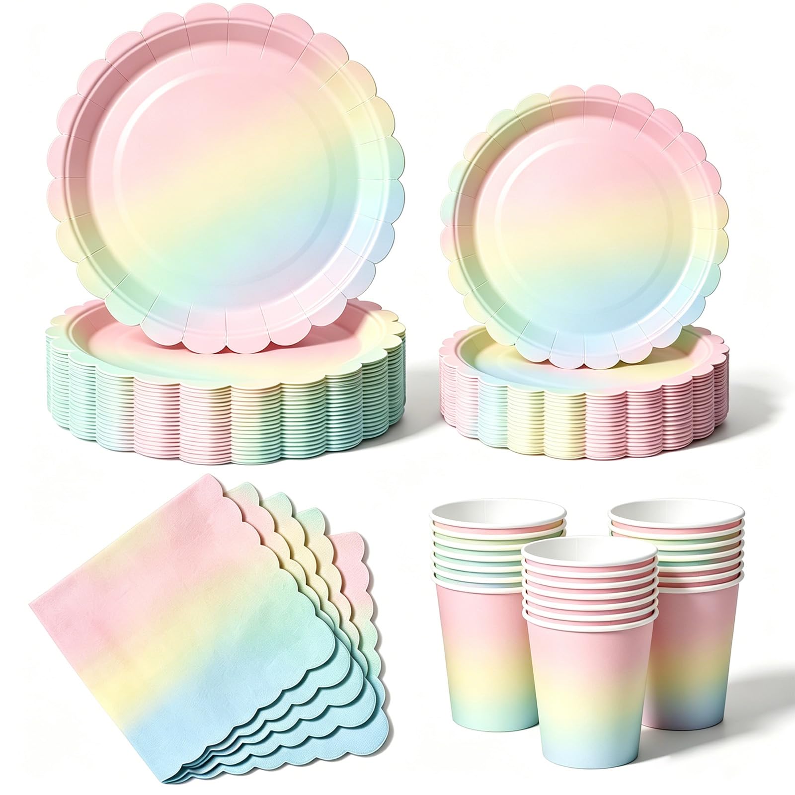 Nkaiso 50 Pcs Rainbow Scalloped Paper Plates and Napkins Set for 10