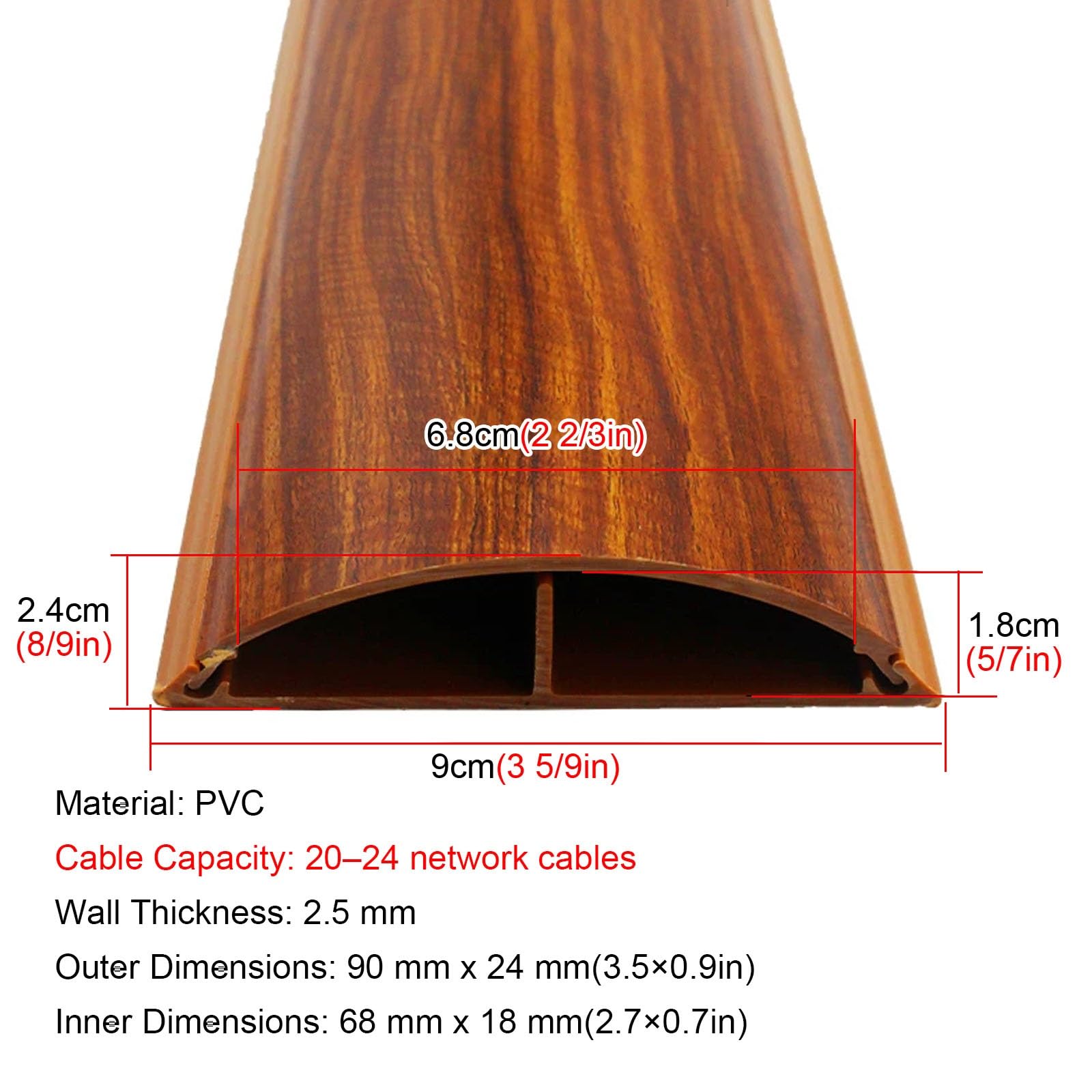 Passacavi Canalina Copricavi Effetto Legno per Pavimento E Parete, in PVC Autoadesivo, Profilo Semicircolare con Base(9cm/3.5in wide-20 Cable)