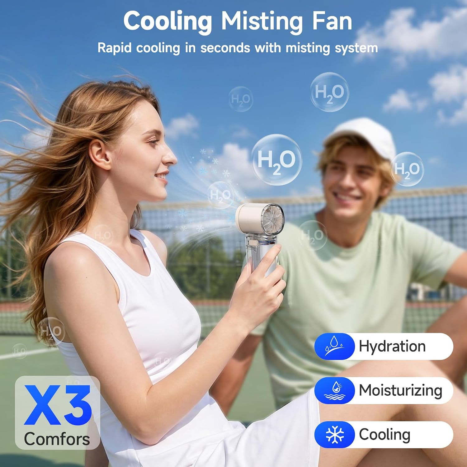 Handheld Misting Fan, Portable Personal Turbo Fan with Nano Mist Spray, 6 Wind Speed, 40ml Water Tank, LED Light, 3000mAh USB Rechargeable for Travel, Outdoors, Camping, Home and Office Use - Beige