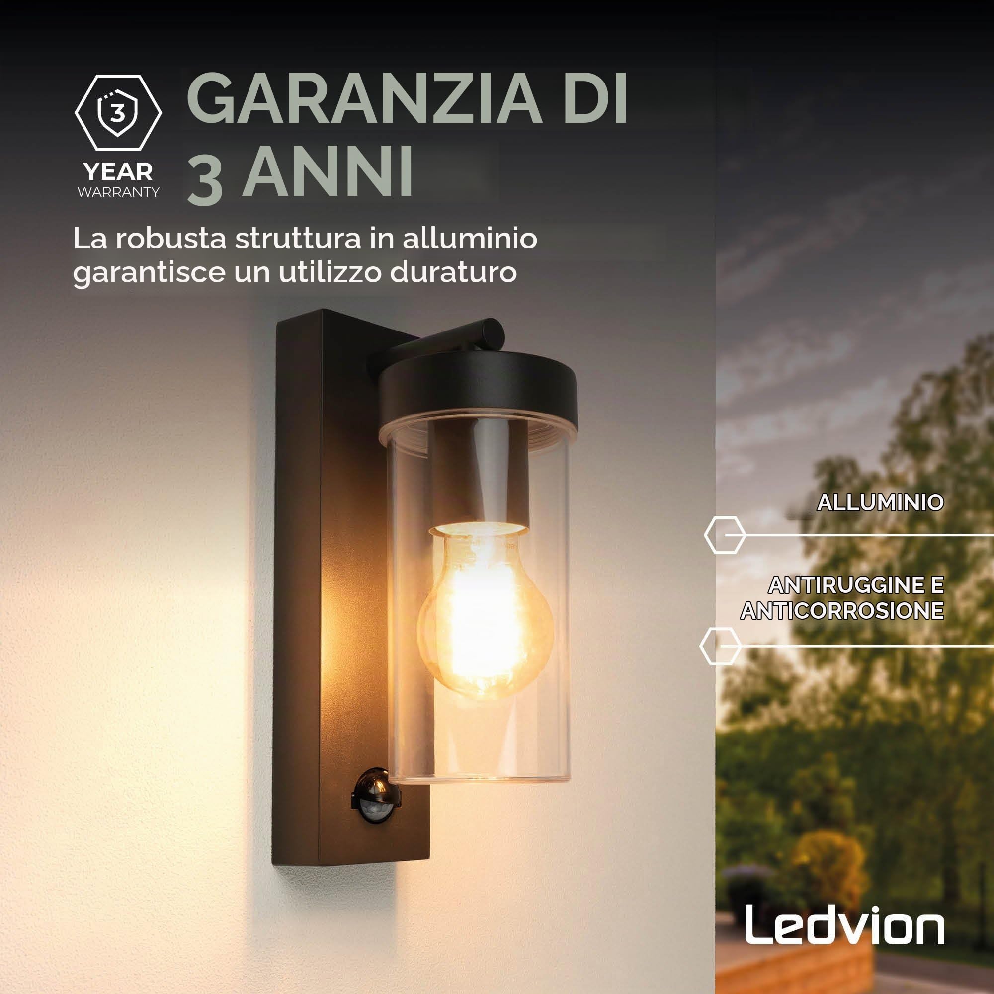 Ledvion - Lampada da Parete LED con Sensore, Attacco E27, IP44, Nero, Lampada da Esterno, Illuminazione Esterna | Maggiore comodità in tutta la casa: la lampada da parete si accende automaticamente non appena viene rilevato un movimento.