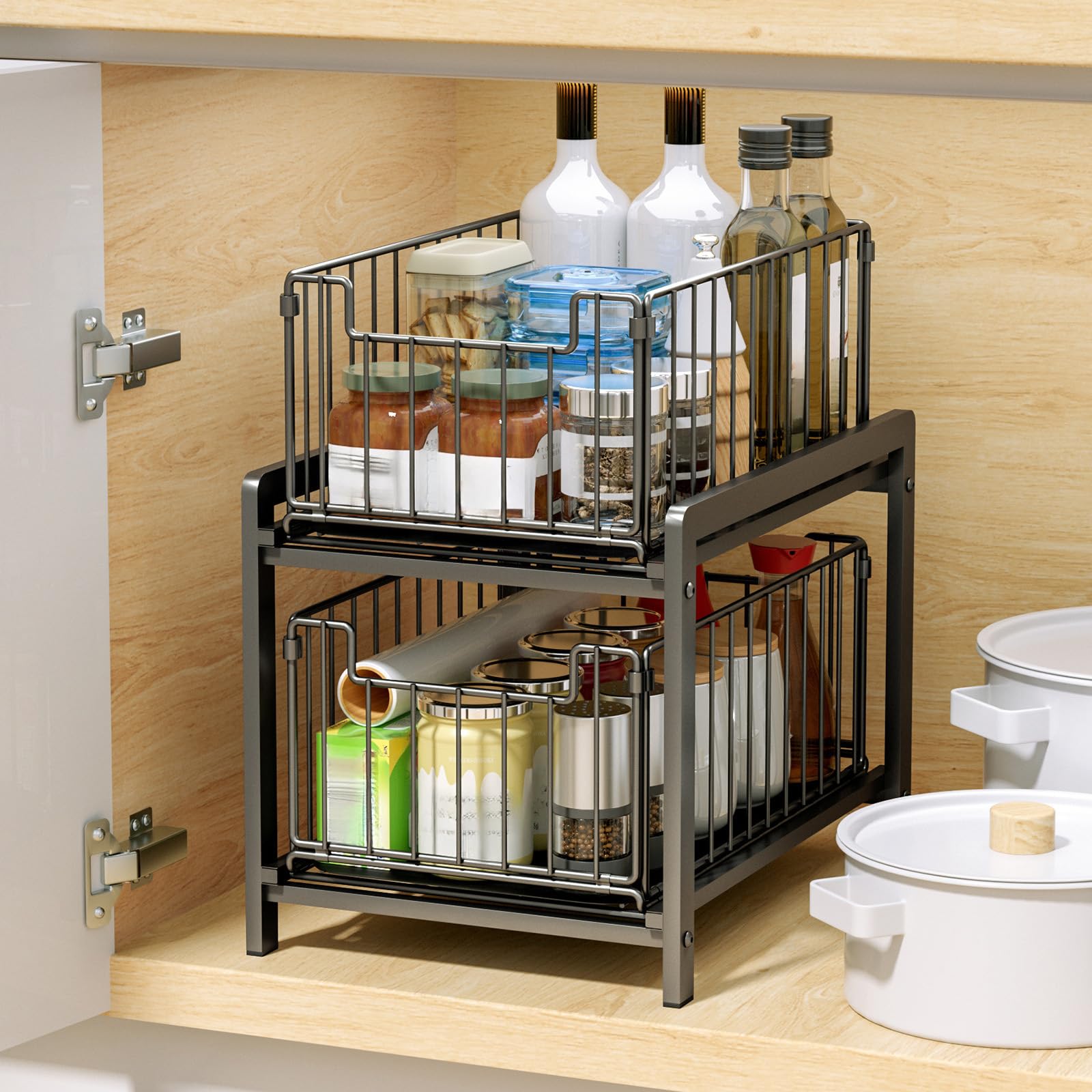Cesta organizadora deslizante de 2 niveles para debajo del lavabo, cajones de acero extraíbles para armarios de cocina y baño, color gris