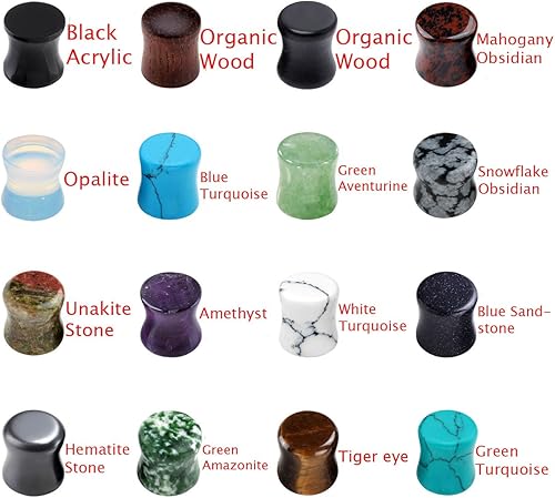 Miniatura 3 de PiercingJ Tapones de piedra mixta de madera acrílica, juego de 16 pares32 piezas, túneles y medidores de oído, juego de expansor de orejas doble