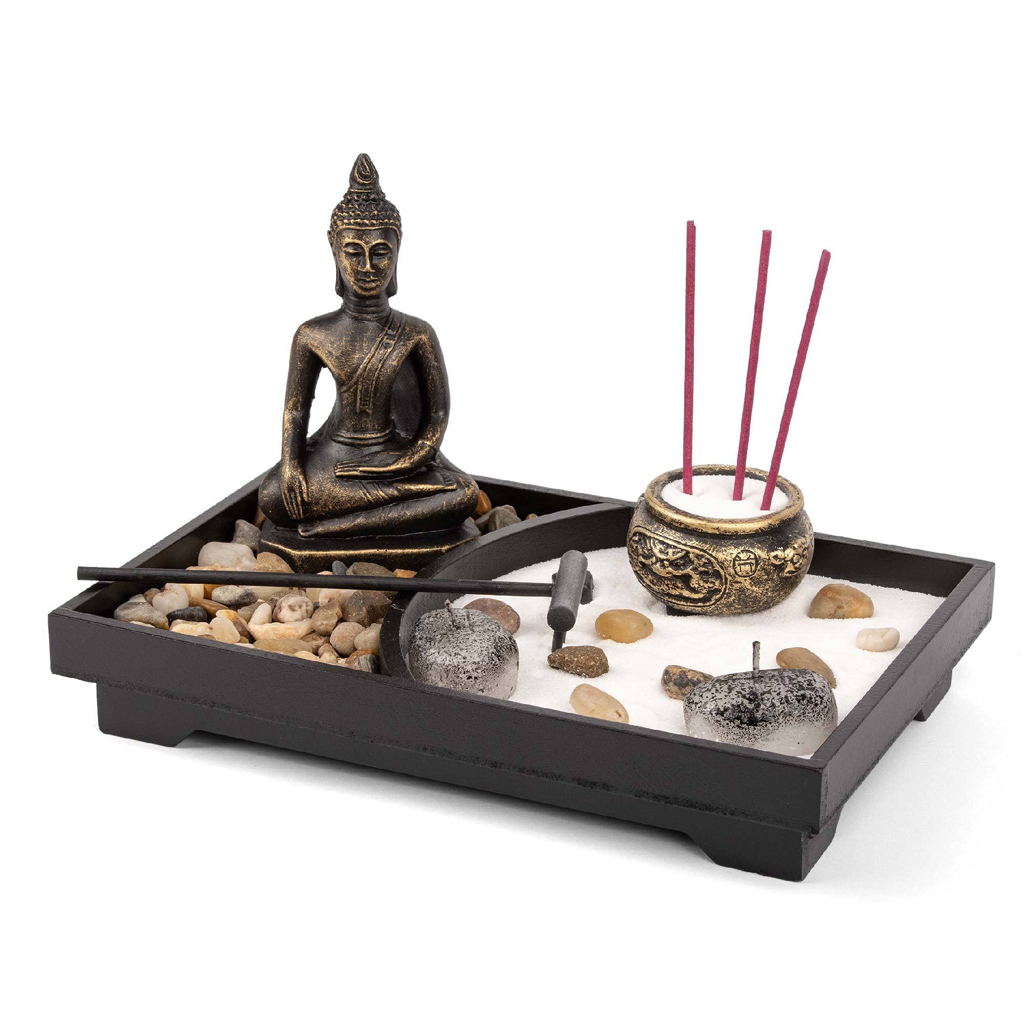 Myga Assorted,White Mini Buddha Zen Garden Kit - Incense Stick Holder For Meditation, Yoga, Aromatherapy, Relaxation & Home Decor