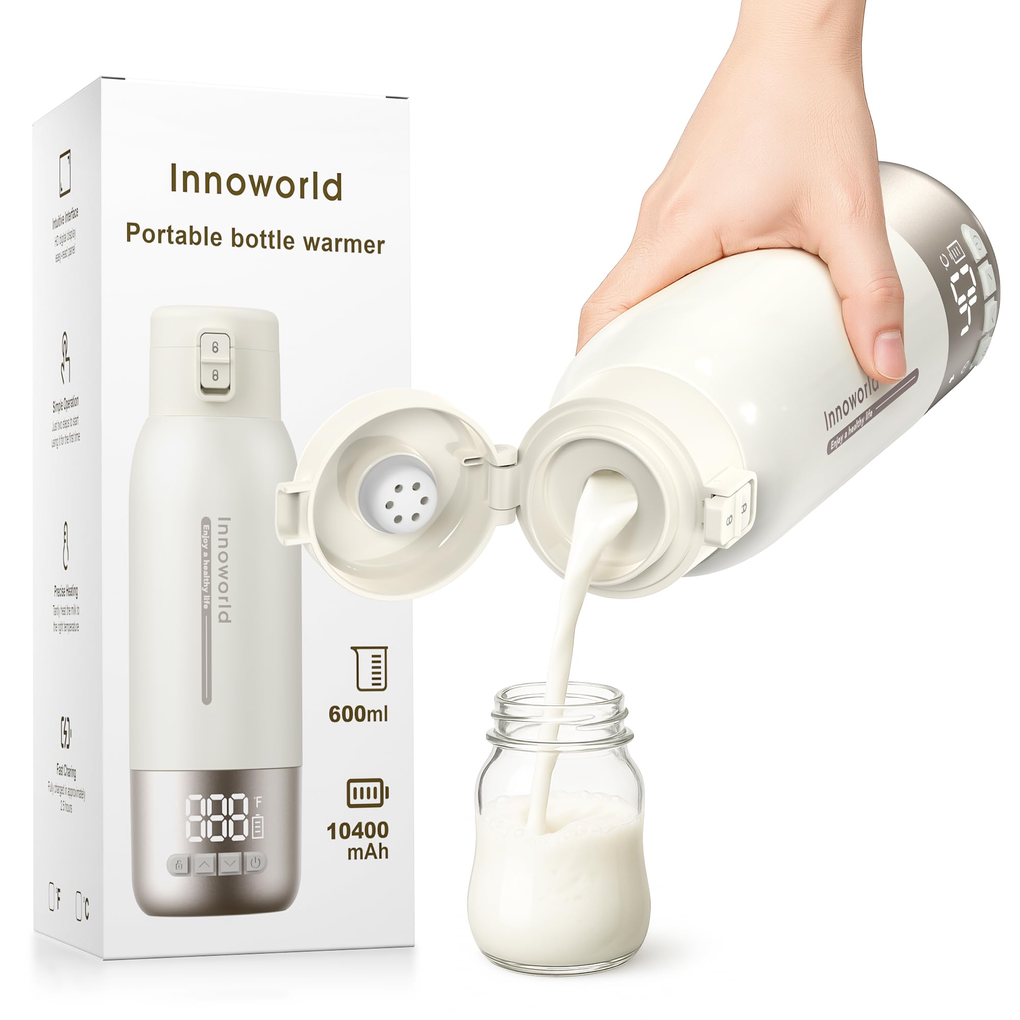 Tragbarer Flaschenwärmer Baby Unterwegs, 600ml Babyflaschenwärmer für Muttermilch & Pre-Nahrung mit Schnellaufheizung, 10400mAh Akku und USB C-Laden, Ideal für Auto, Reisen & Flugzeug