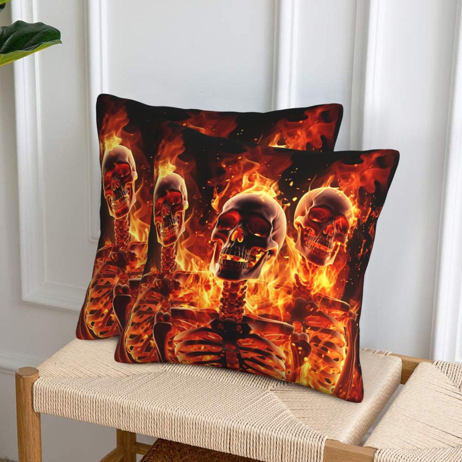 NONHAI Decorative Throw Pillow Covers Set of 2, 12"x12" Square Cushion Case Soft Comfy fire Skeletons Throw Pillows for Couch Cushion Livingroom Farmhouse Home Decor Pillowcases