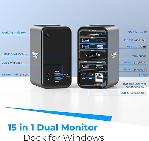 Miniatura 8 de Estación de acoplamiento USB C con monitor doble, base HDMI USB C doble, estación de acoplamiento para laptop con 2 puertos HDMI, VGA, 7 USB,