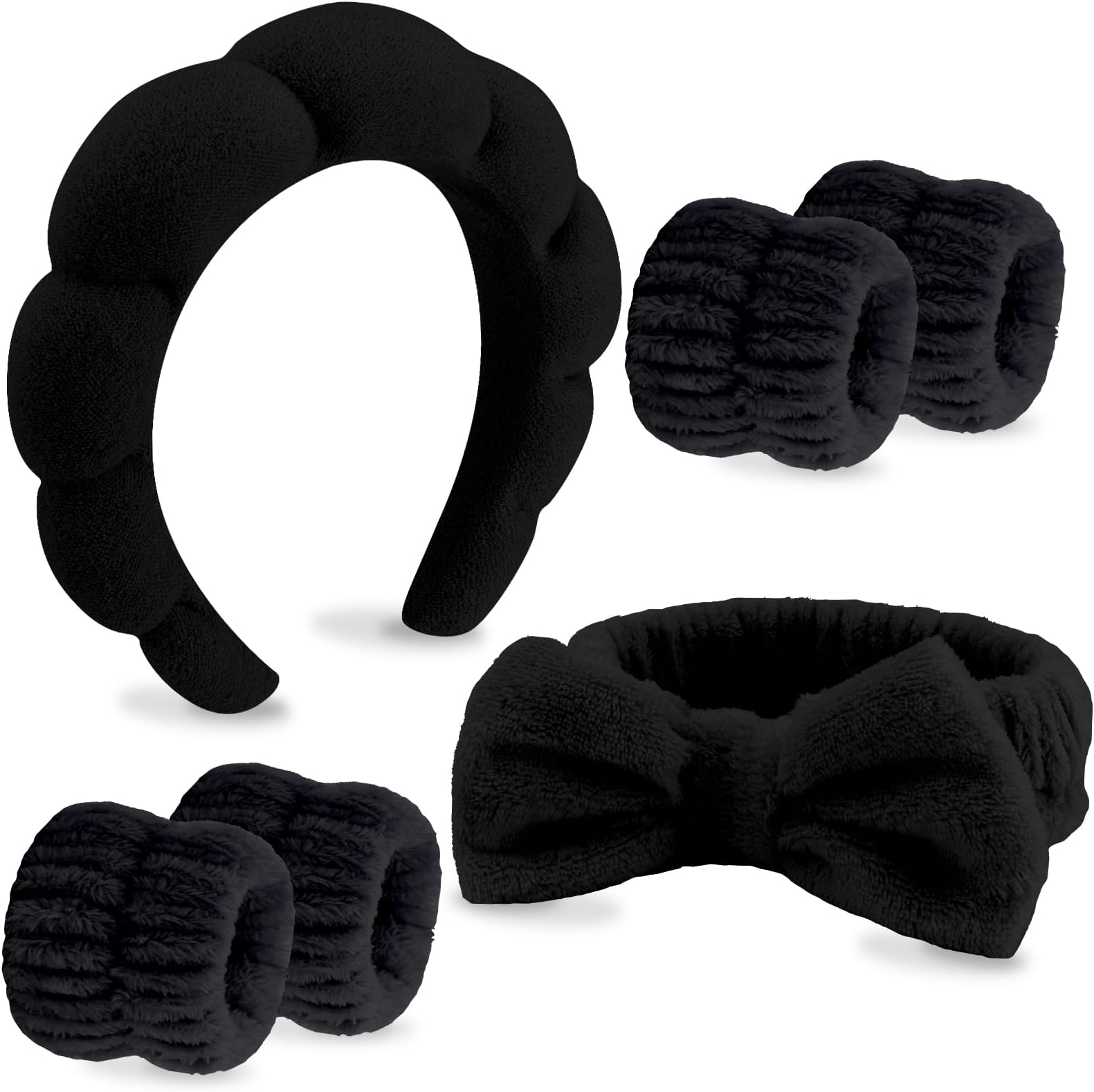 VELSCRUN 6 Pack Spa Headband, Makeup Headband, Face Wash Headbands, Skincare Headbands, Black Sponge Hair Band Bow Tie Spa Head Band for Washing Face Wristband Set Hair Accessories for Women Gifts