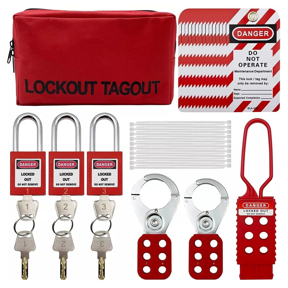 Kit de etiquetado de bloqueo con 15 etiquetas, 3 candados, 20 bridas para seguridad de equipos mecánicos eléctricos, solución de bloqueo de grupo industrial