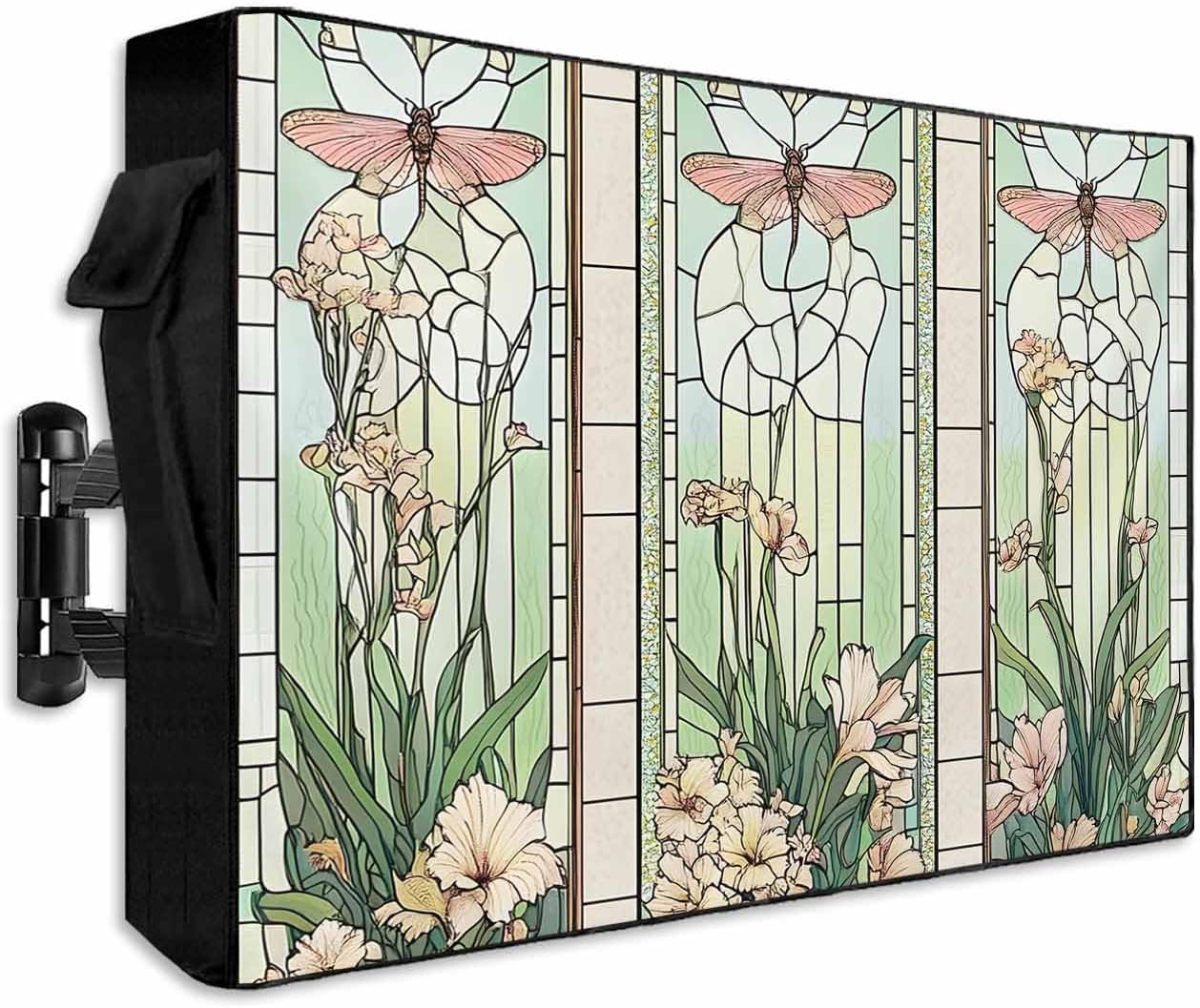 Black Gold Flower Outdoor TV Cover 60-65 Inch Waterproof & Weatherproof with Roll Up Front Flat, Gradient Luxurious Floral Botanical Outside Zipper TV Screen Protector Enclosure Remote Control Pocket