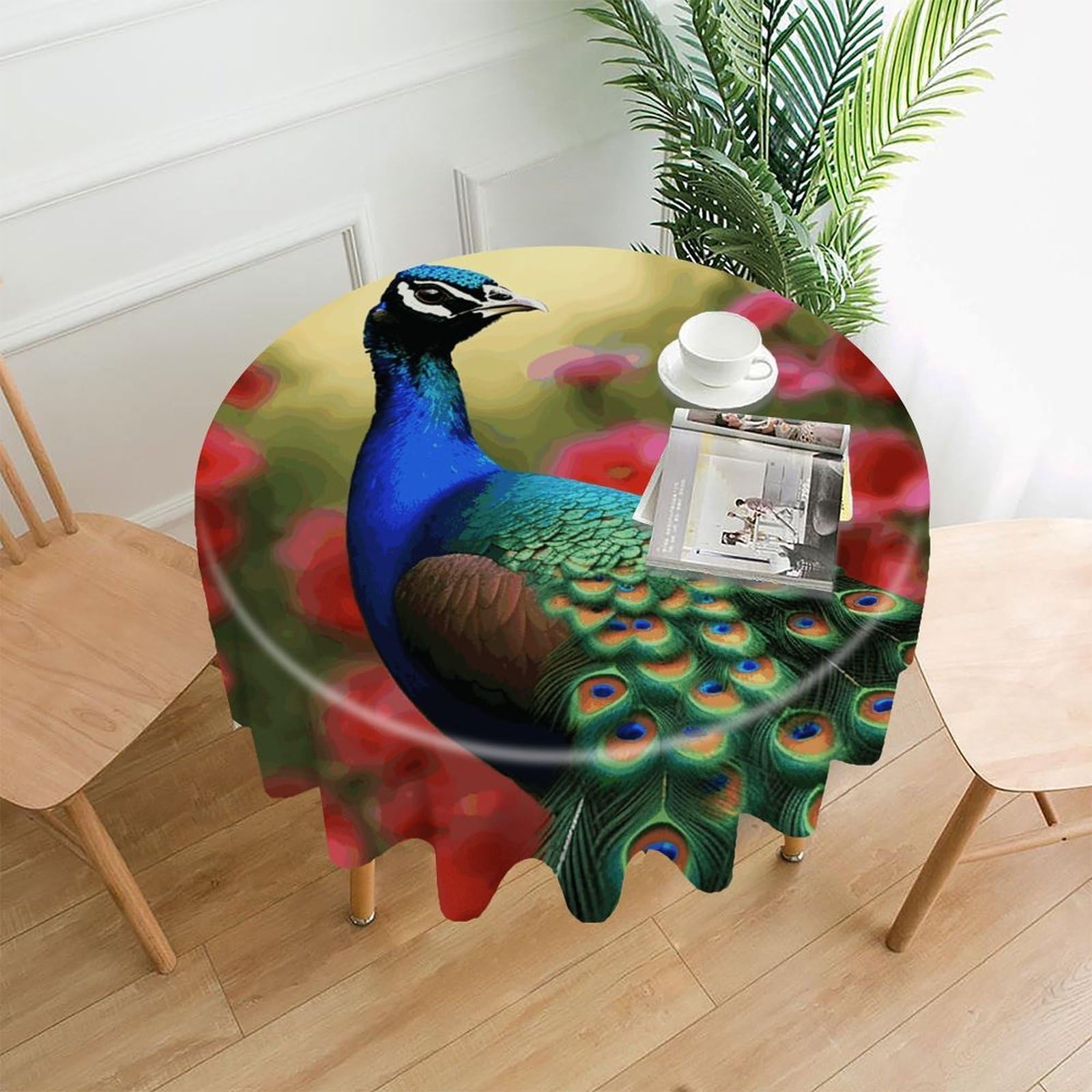 FodPand Peacock Flowers Round Tablecloth - 60 Inch Premium Polyester Table Cloth, Fashion Wrinkle Resistant Decorative Table Cover for Dining Kitchen Party Buffet Tables