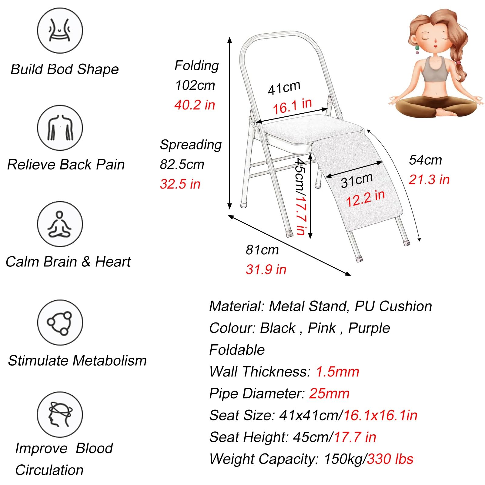 MZZKFC Foldable Yoga Auxiliary Chair with Detachable Waist Support, Balance Handstand Training Tool with PU Cushion, Yoga Chair for Waist/Legs/Hip Movement(Black)