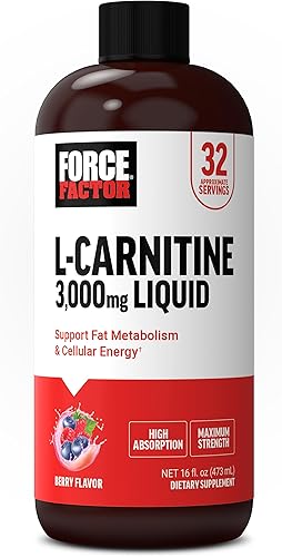 Miniatura 11 de Force Factor L-carnitina líquida 3000 mg, suplemento de máxima fuerza para apoyar el metabolismo de las grasas, energía celular y recuperación