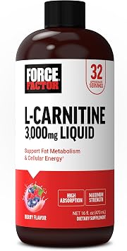 Force Factor L-Carnitine Liquid 3000mg, Maximum Strength Supplement to Support Fat Metabolism, Cellular Energy & Muscle Recovery, High Absorbing, Non-GMO, Berry Flavor, 16 oz Bottle