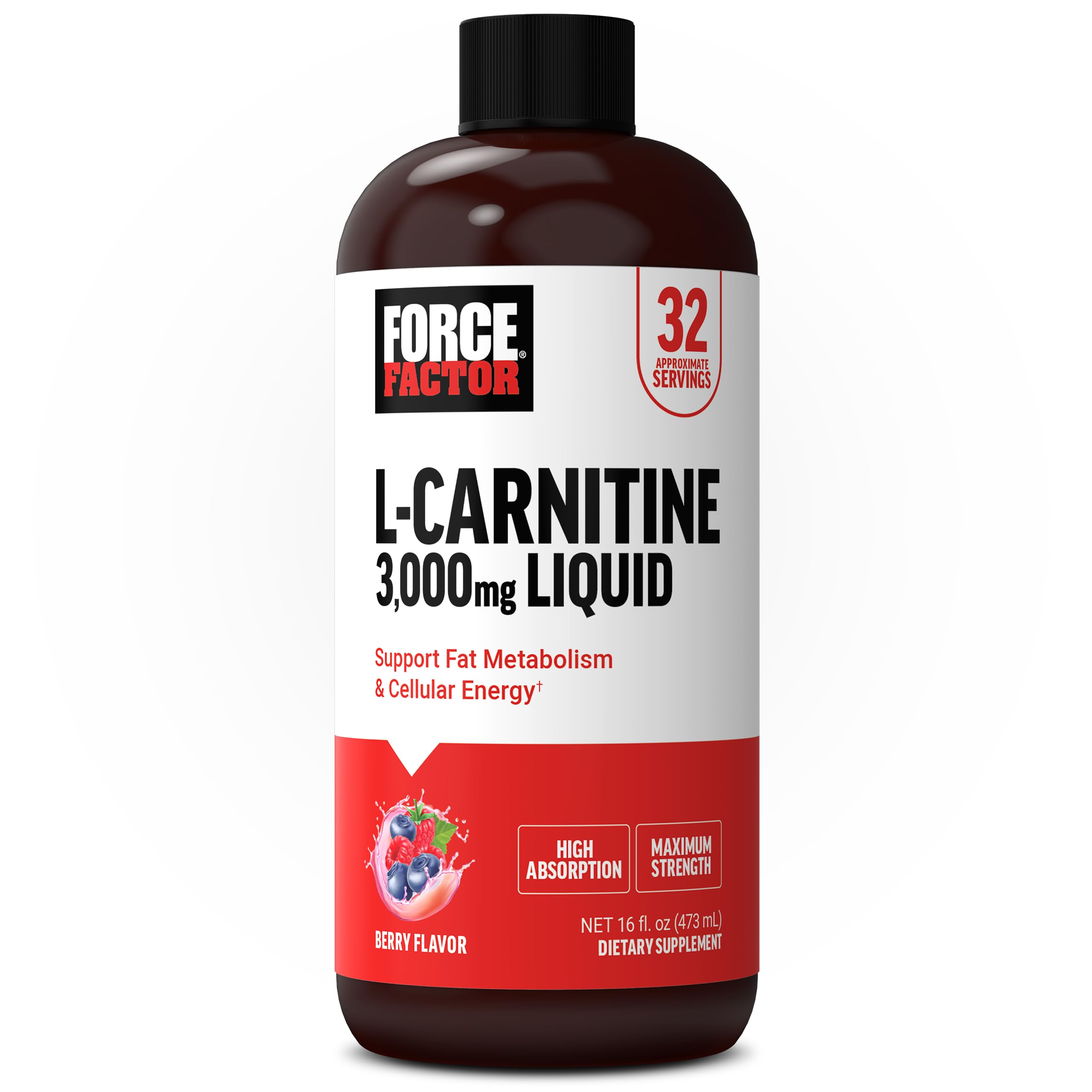 Force Factor L-Carnitine Liquid 3000mg, Maximum Strength Supplement to Support Fat Metabolism, Cellular Energy & Muscle Recovery, High Absorbing, Non-GMO, Berry Flavor, 16 oz Bottle