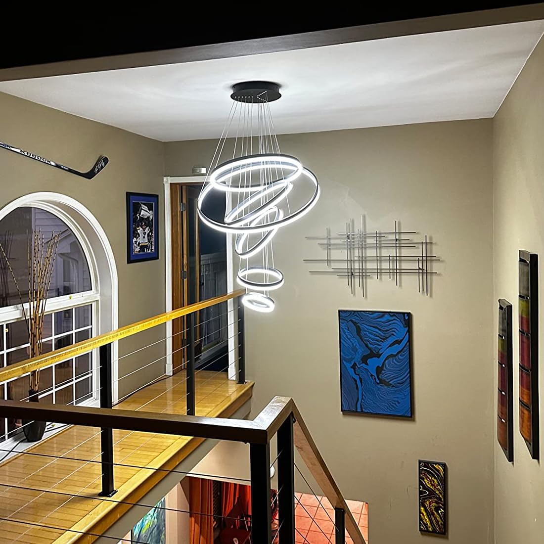 Modern Chandelier,Large 6 Rings High Ceiling Chandelier with Remote, Dimmable Black Led Chandelier for Living Room High Ceiling,Luxury Big Contemporary Staircase Foyer Entryway Chandeliers D31.5 inch