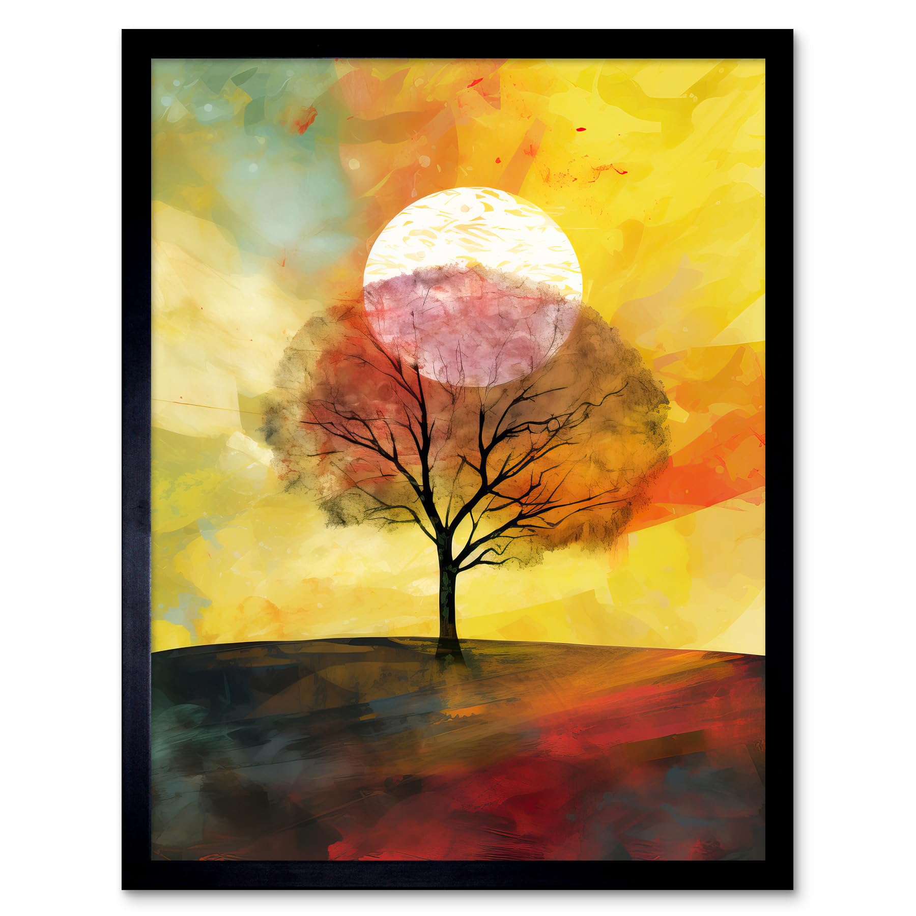 Artery8 Framed Black 12X16 Large Sun Setting Behind A Lonely Tree On A Hill Art Print Framed Poster Wall Decor 12X16 Inch