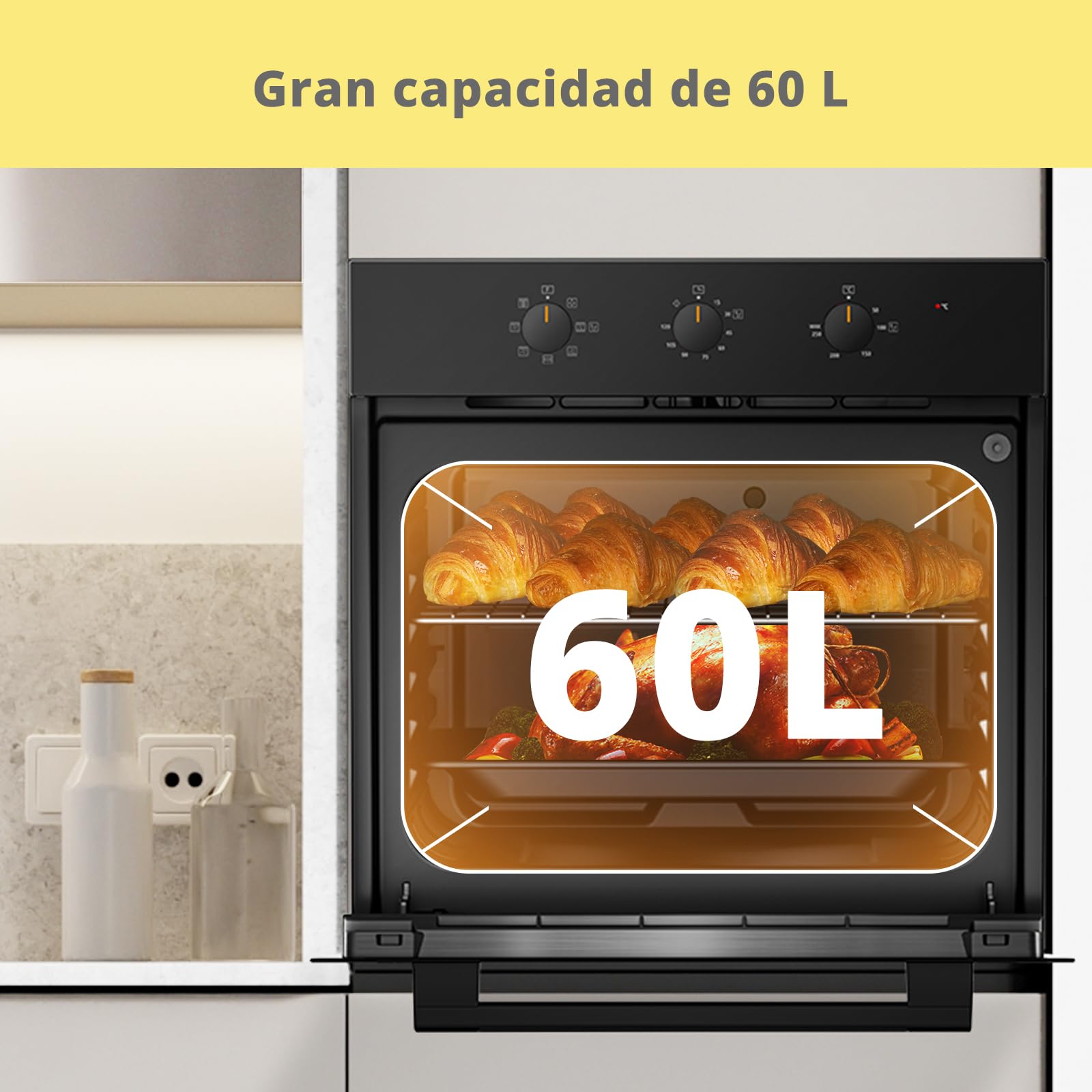 COMFEE' CBO60M80M1-BK Horno empotrable de 60 cm y 60 litros con 8 funciones, freidora de aire, cocción multifase, puerta extraíble, fácil limpieza, limpieza con vapor, color negro