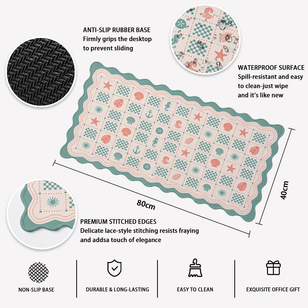 Beach Scalloped Mouse Pad Pastel Coastal Retro Style Large Gaming Mouse Mat with Stitched Edges,Non-Slip Waterproof Rubber Base 31.5x15.7 in image 2