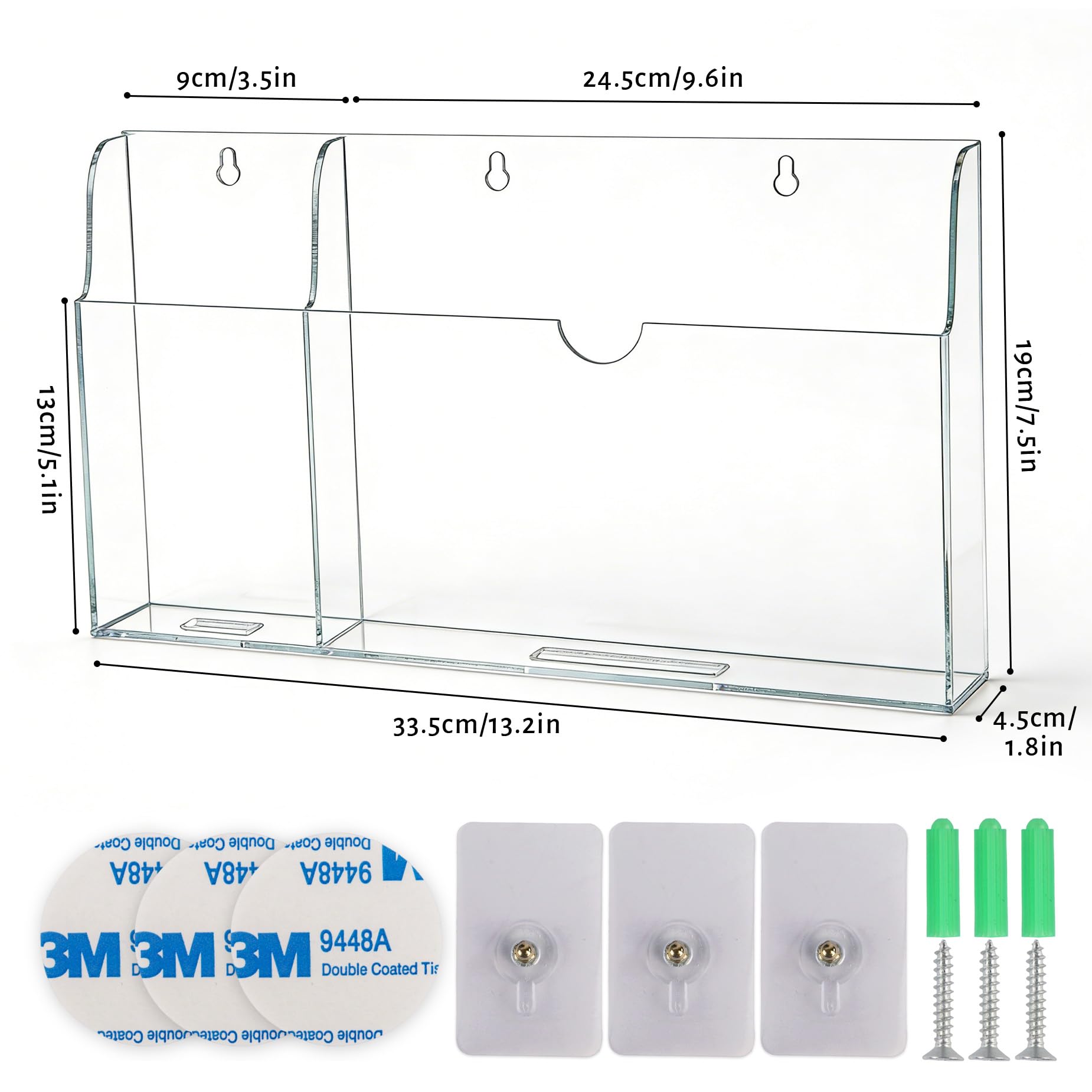Soporte acrílico para teléfono montado en la pared con agujeros de carga, soporte de control remoto de pared de 2 compartimentos para tablet, iPad, Kindle, portátil, transparente