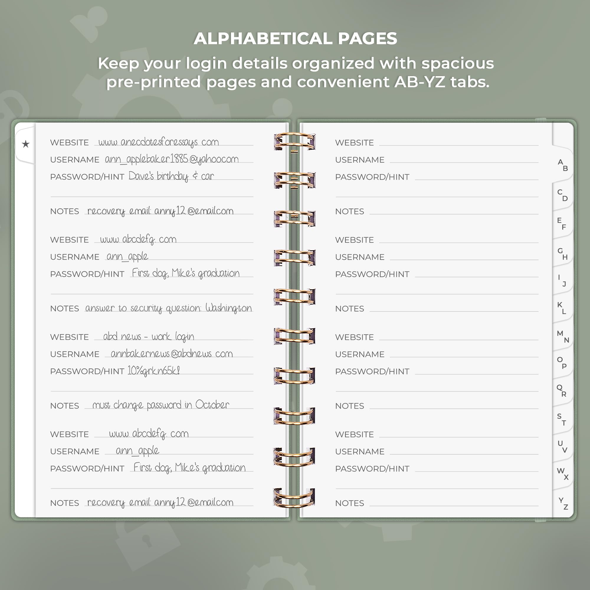 Clever Fox Password Book Spiral, Mini Internet Address Log with Alphabetical Tabs, Small Password Keeper & Organizer - Image 3